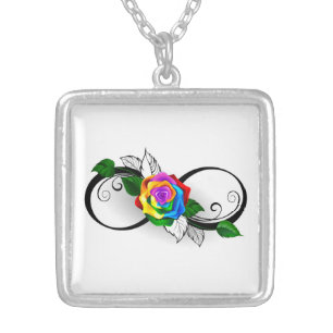 Infinity Symbol with Rainbow Rose Silver Plated Necklace