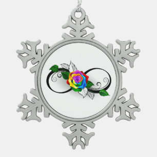 Infinity Symbol with Rainbow Rose Snowflake Pewter Christmas Ornament