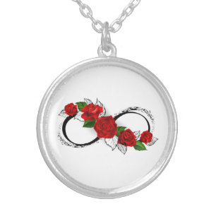 Infinity Symbol with Red Roses Silver Plated Necklace