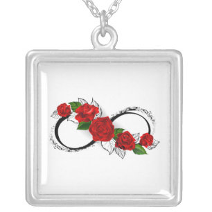 Infinity Symbol with Red Roses Silver Plated Necklace