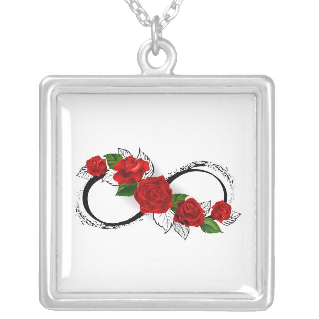 Infinity Symbol with Red Roses Silver Plated Necklace (Front)