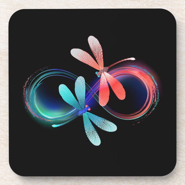 Infinity with glowing dragonflies beverage coaster (Front)