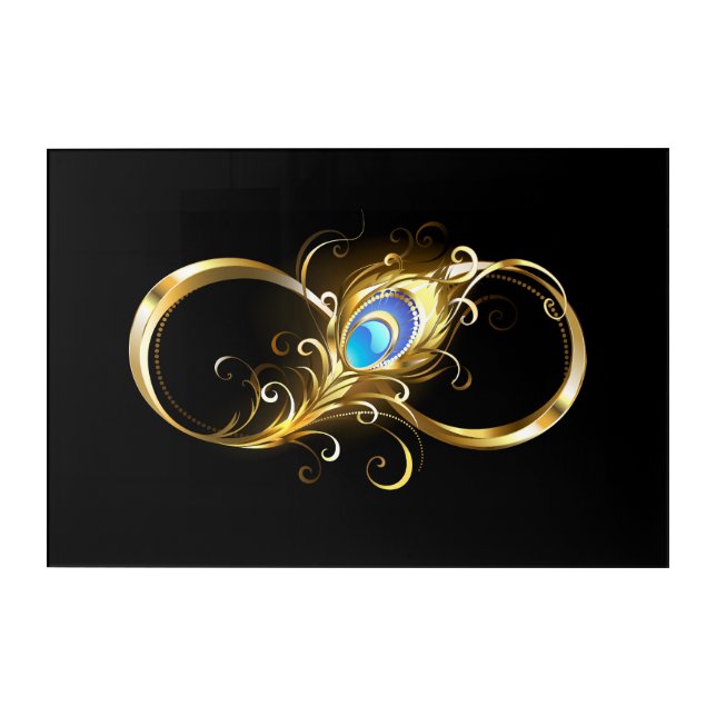 Infinity with Golden Peacock Feather Acrylic Print (Front)