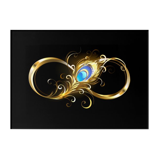 Infinity with Golden Peacock Feather Acrylic Print (Front)