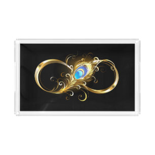 Infinity with Golden Peacock Feather Acrylic Tray