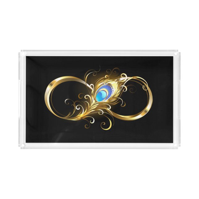 Infinity with Golden Peacock Feather Acrylic Tray (Front)