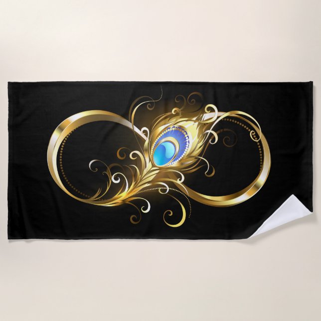 Infinity with Golden Peacock Feather Beach Towel (Front)