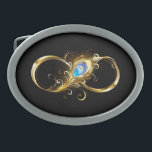 Infinity with Golden Peacock Feather Belt Buckle<br><div class="desc">Gold,  shiny symbol of infinity,  decorated with jewelry peacock feather with turquoise on black background.</div>