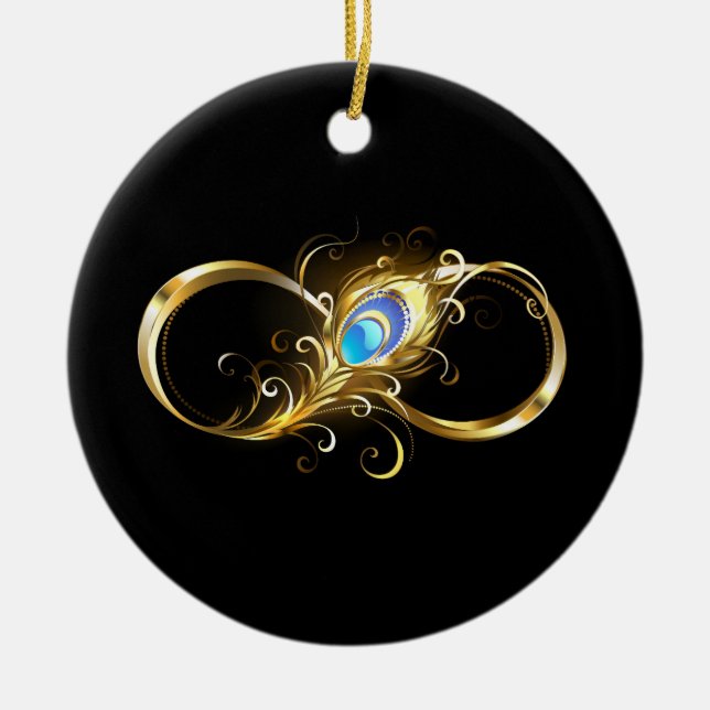Infinity with Golden Peacock Feather Ceramic Ornament (Front)