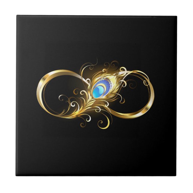 Infinity with Golden Peacock Feather Ceramic Tile (Front)