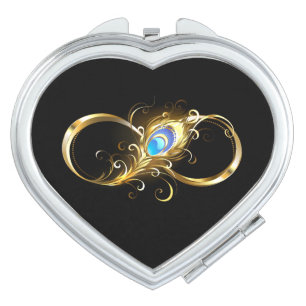 Infinity with Golden Peacock Feather Compact Mirror