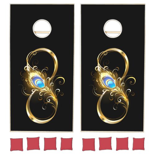 Infinity with Golden Peacock Feather Cornhole Set