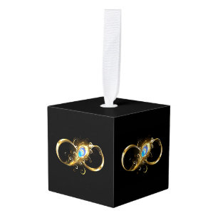 Infinity with Golden Peacock Feather Cube Ornament