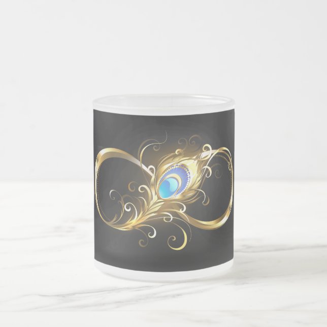 Infinity with Golden Peacock Feather Frosted Glass Coffee Mug (Center)