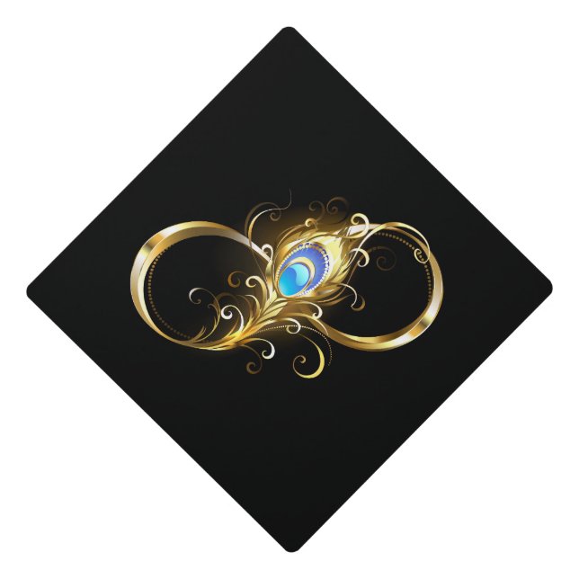 Infinity with Golden Peacock Feather Graduation Cap Topper (Front)