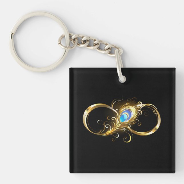 Infinity with Golden Peacock Feather Keychain (Front)