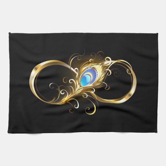 Infinity with Golden Peacock Feather Kitchen Towel (Horizontal)