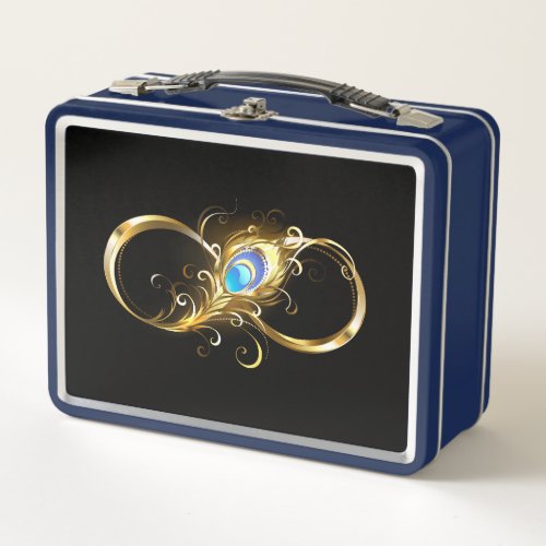 Infinity with Golden Peacock Feather Metal Lunch Box