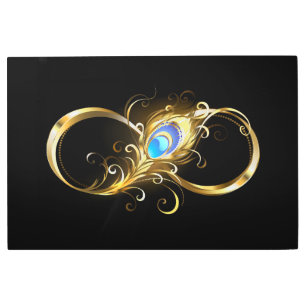 Infinity with Golden Peacock Feather Metal Print