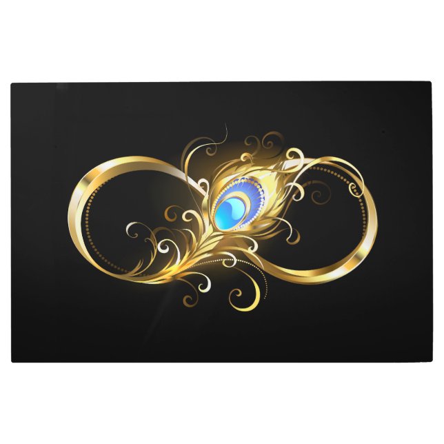 Infinity with Golden Peacock Feather Metal Print (Front)