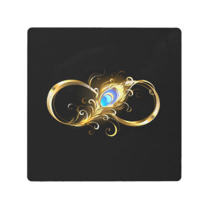 Infinity with Golden Peacock Feather Metal Print