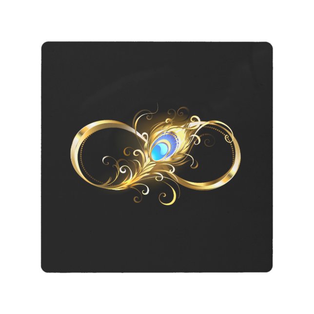 Infinity with Golden Peacock Feather Metal Print (Front)