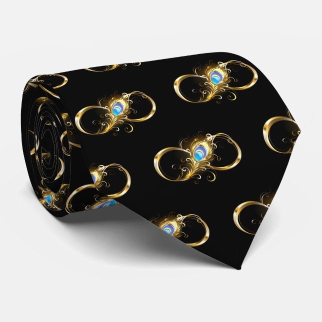 Infinity with Golden Peacock Feather Neck Tie (Rolled)