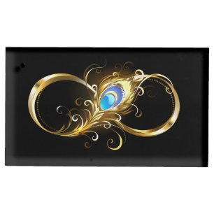 Infinity with Golden Peacock Feather Place Card Holder