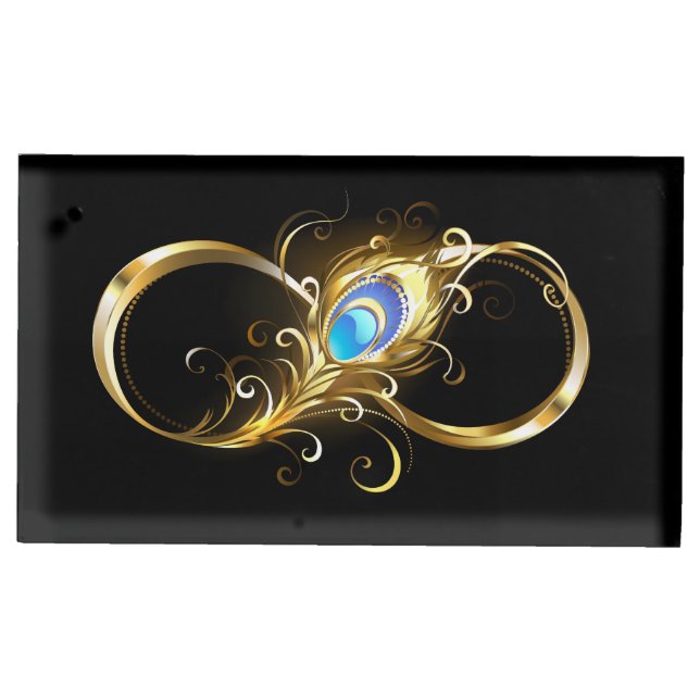 Infinity with Golden Peacock Feather Place Card Holder (Front)