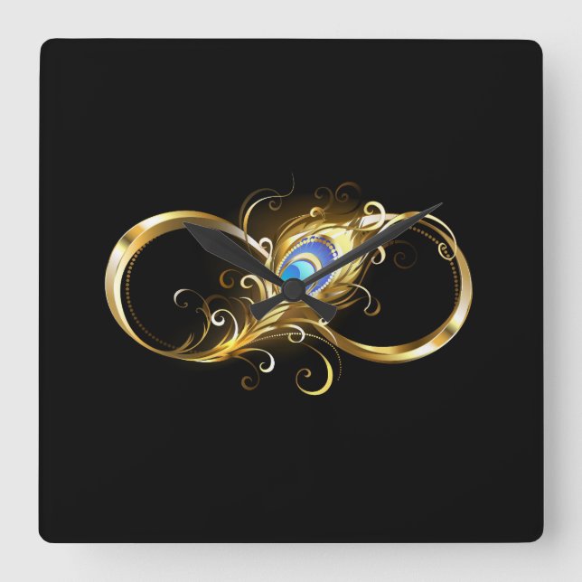Infinity with Golden Peacock Feather Square Wall Clock (Front)