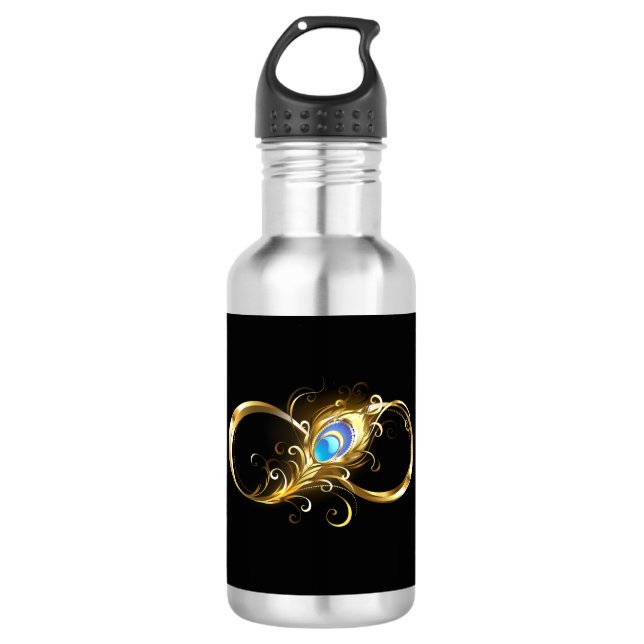 Infinity with Golden Peacock Feather Stainless Steel Water Bottle (Front)