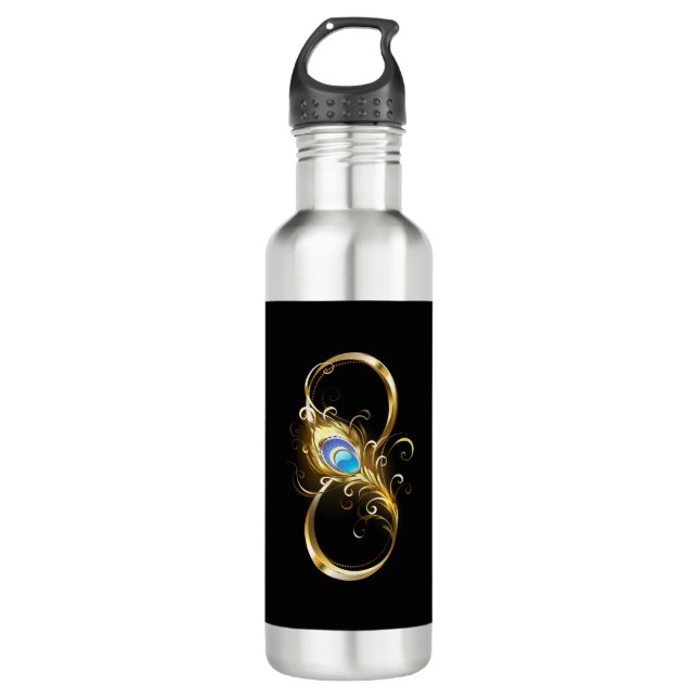Infinity with Golden Peacock Feather Stainless Steel Water Bottle (Front)