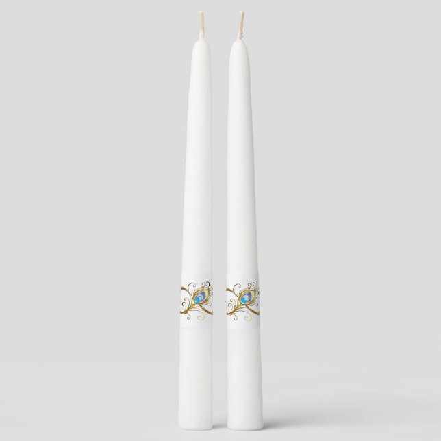 Infinity with Golden Peacock Feather Taper Candle (Front)