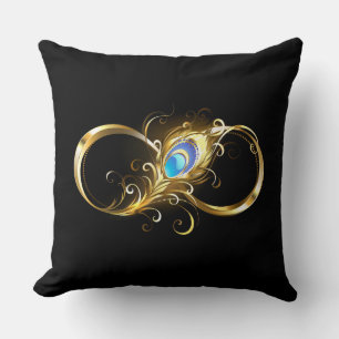 Infinity with Golden Peacock Feather Throw Pillow