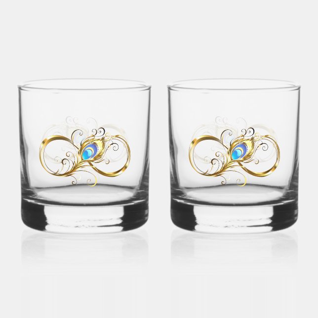 Infinity with Golden Peacock Feather Whiskey Glass (Front)