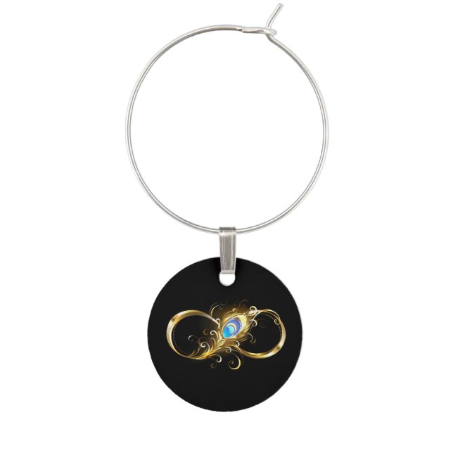 Infinity with Golden Peacock Feather Wine Charm (Front)