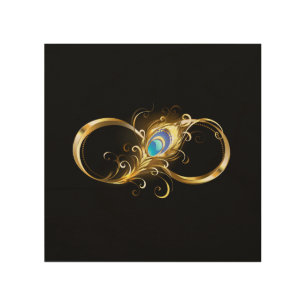 Infinity with Golden Peacock Feather Wood Wall Art