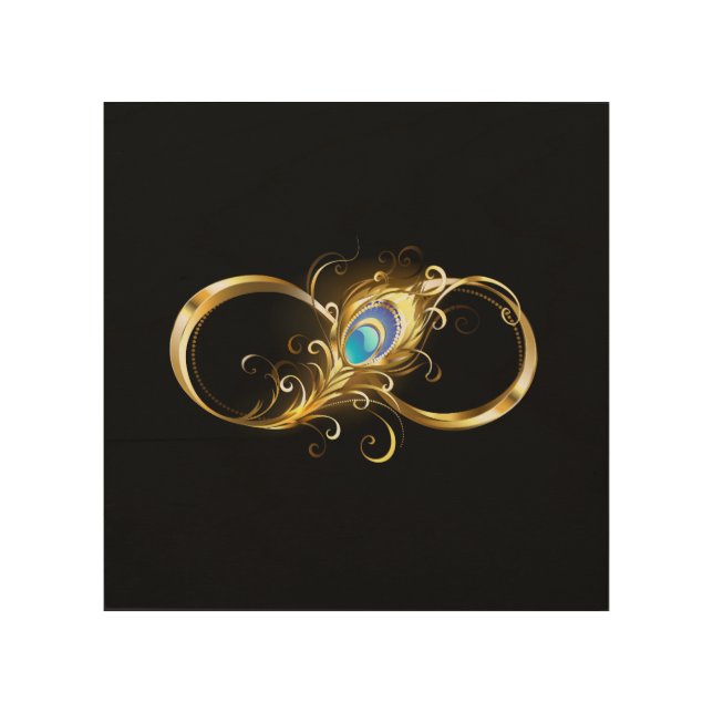 Infinity with Golden Peacock Feather Wood Wall Art (Front)