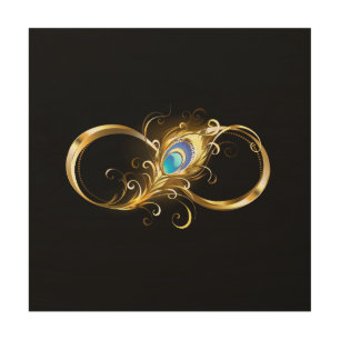 Infinity with Golden Peacock Feather Wood Wall Art