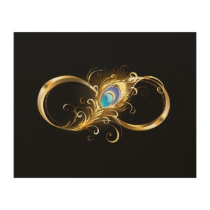 Infinity with Golden Peacock Feather Wood Wall Art