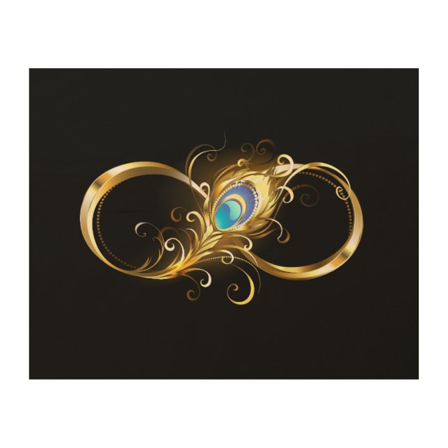 Infinity with Golden Peacock Feather Wood Wall Art (Front)
