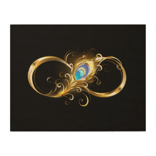 Infinity with Golden Peacock Feather Wood Wall Art