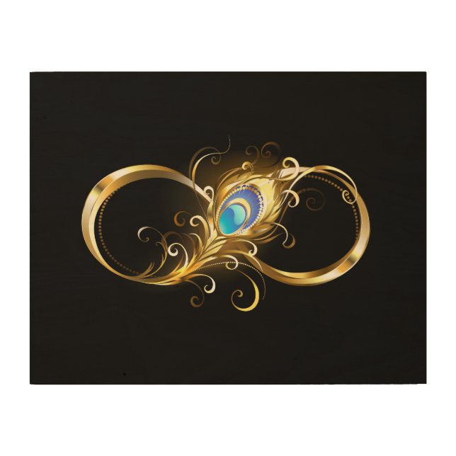 Infinity with Golden Peacock Feather Wood Wall Art (Front)