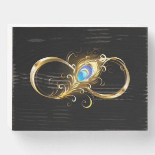 Infinity with Golden Peacock Feather Wooden Box Sign