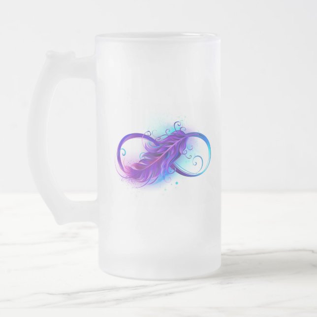 Infinity with Purple Feather Frosted Glass Beer Mug (Left)