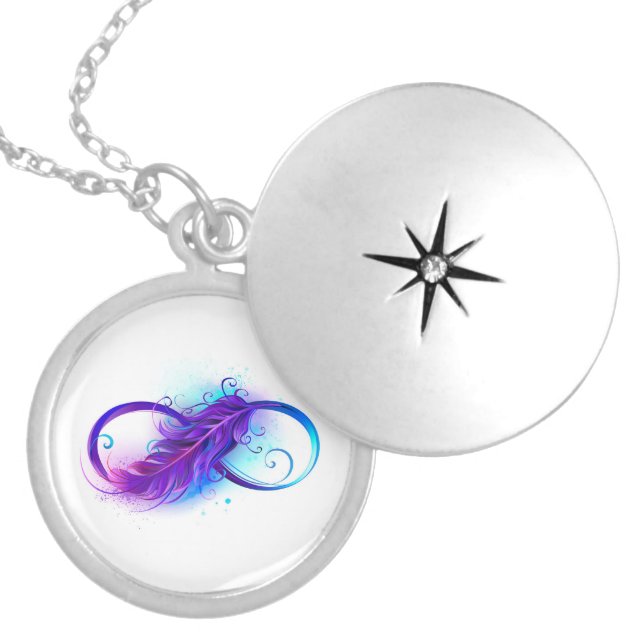 Infinity with Purple Feather Locket Necklace (Front)