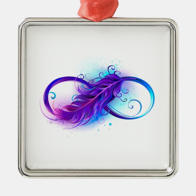 Infinity with Purple Feather Metal Ornament (Front)