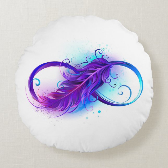 Infinity with Purple Feather Round Pillow (Front)