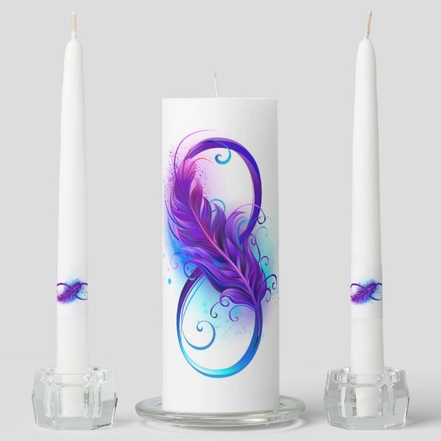 Infinity with Purple Feather Unity Candle Set (Front)