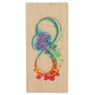 Infinity with Rainbow Jellyfish Wood Flash Drive